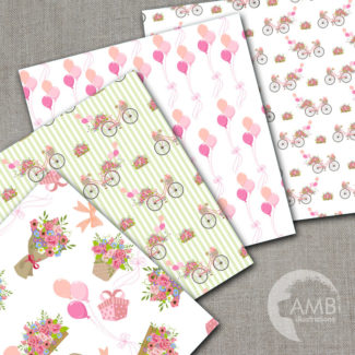COMBO Bicycle Clipart and Digital Papers, Pastel Floral Bicycles, Shabby Chic Wedding, Bridal Shower, Commercial Use, AMB-1623