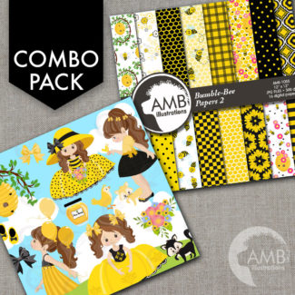COMBO Bumble Bee Clipart and Digital Papers, Little Girl honeybee clipart, Bee Birthday Party invitations, Commercial Use, AMB-1617