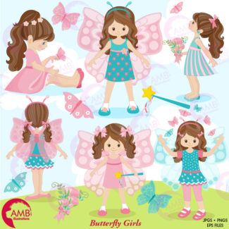 COMBO Butterfly Clipart and Digital Papers, Little Girl Butterfly clipart, Pastel Butterfly Birthday Party, Commercial Use, AMB-1621