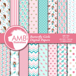 COMBO Butterfly Clipart and Digital Papers, Little Girl Butterfly clipart, Pastel Butterfly Birthday Party, Commercial Use, AMB-1621