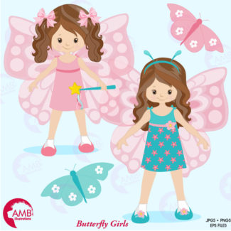 COMBO Butterfly Clipart and Digital Papers, Little Girl Butterfly clipart, Pastel Butterfly Birthday Party, Commercial Use, AMB-1621