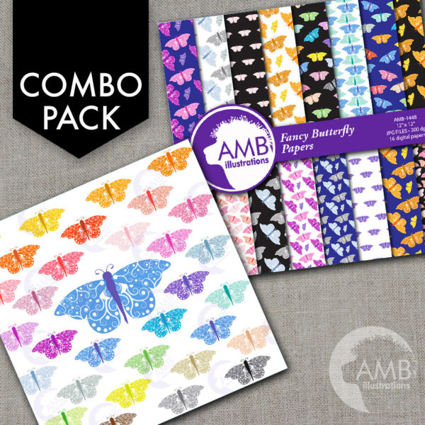 COMBO Butterfly Clipart and Digital Papers, Multi-colored Butterfies Scrapbooking Papers and backgrounds, Commercial Use, AMB-1618
