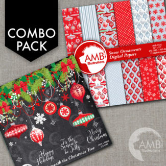 COMBO Christmas Clipart and Digital Paper Pack, Holiday Decorations and Ornaments, Christmas snowflakes, Commercial Use, AMB-1703