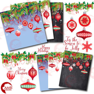 COMBO Christmas Clipart and Digital Paper Pack, Holiday Decorations and Ornaments, Christmas snowflakes, Commercial Use, AMB-1703
