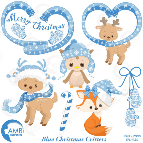 COMBO Christmas Clipart and Digital Papers, Blue Forest Animal Clipart, Christmas Decorations, Candy canes, Commercial Use, AMB-1696