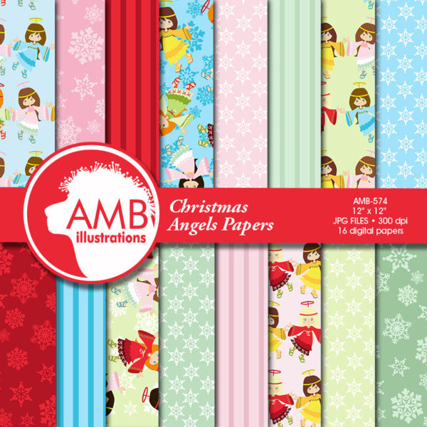 COMBO Christmas Clipart and Digital Papers, Christmas Clipart, Angel Clipart, Little Angels with Halos, Commercial Use, AMB-1635