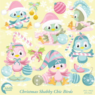 COMBO Christmas Clipart and Digital Papers, Christmas Shabby Chic Bird Clipart, Christmas Decorations, Commercial License, AMB-1636