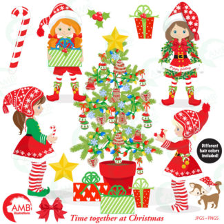 COMBO Christmas Clipart and Digital Papers, Elves Clipart, Christmas Tree, Girl Elves Papers, Commercial Use, AMB-1705