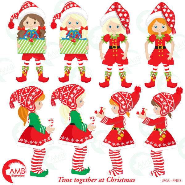 COMBO Christmas Clipart and Digital Papers, Elves Clipart, Christmas Tree, Girl Elves Papers, Commercial Use, AMB-1705