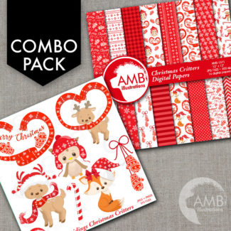 COMBO Christmas Clipart and Digital Papers, Forest Animal Clipart, Christmas Decorations, Candy canes, Commercial Use, AMB-1695