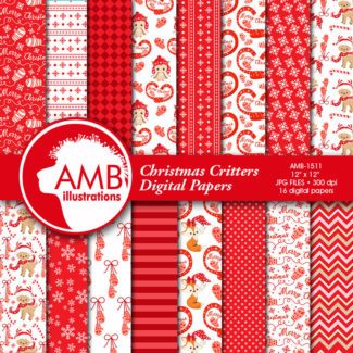 COMBO Christmas Clipart and Digital Papers, Forest Animal Clipart, Christmas Decorations, Candy canes, Commercial Use, AMB-1695