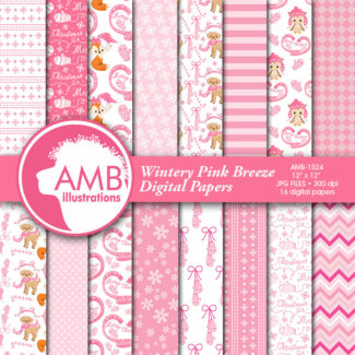 COMBO Christmas Clipart and Digital Papers, Pink Forest Animal Clipart, Christmas Decorations, Candy canes, Commercial Use, AMB-1702
