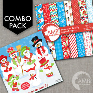 COMBO Christmas Clipart and Digital Papers, Snowmen Clipart, Christmas Snowmen Paper, Gifts, Snowmen Family, Commercial Use, AMB-1698