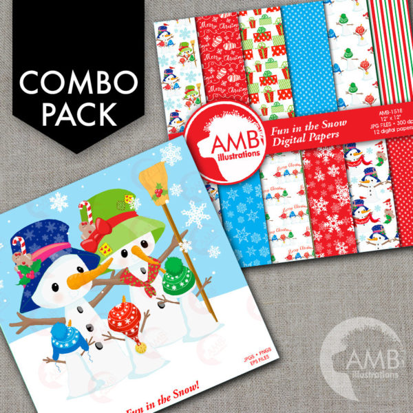 COMBO Christmas Clipart and Digital Papers, Snowmen Clipart, Christmas Snowmen Papers, Gifts, Candy Cane, Commercial Use, AMB-1697