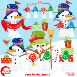 COMBO Christmas Clipart and Digital Papers, Snowmen Clipart, Christmas Snowmen Papers, Gifts, Candy Cane, Commercial Use, AMB-1697