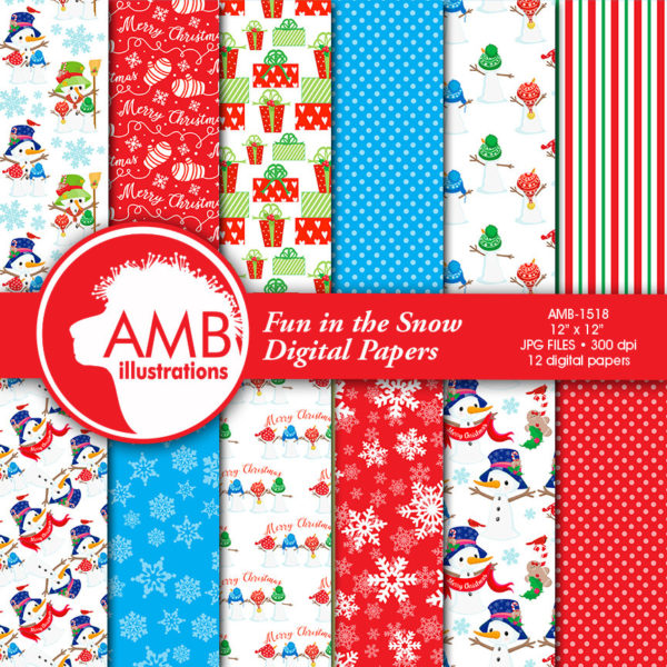 COMBO Christmas Clipart and Digital Papers, Snowmen Clipart, Christmas Snowmen Papers, Gifts, Candy Cane, Commercial Use, AMB-1697