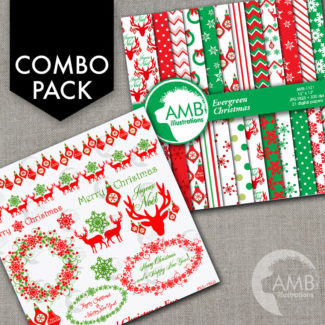 COMBO Christmas Clipart and Digital Papers, Traditional Vintage Christmas, Reindeer, Ornaments, Decorations, Commercial Use, AMB-1628