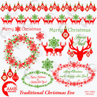 COMBO Christmas Clipart and Digital Papers, Traditional Vintage Christmas, Reindeer, Ornaments, Decorations, Commercial Use, AMB-1628
