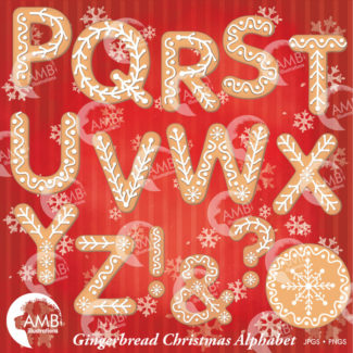 COMBO Christmas Gingerbread Letters and Numbers Clipart, Gingerbread Alphabet Clipart, Christmas Cookies, Commercial Use, AMB-1701