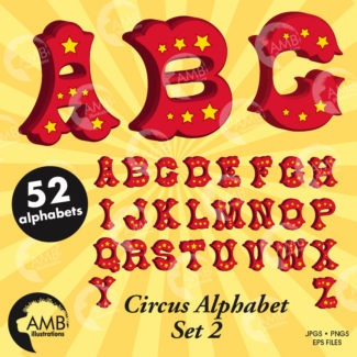 COMBO Circus Letters and Numbers Clipart Pack, Circus Alphabets, Birthday Party Invitations, Carnival, Commercial Use, AMB-1639