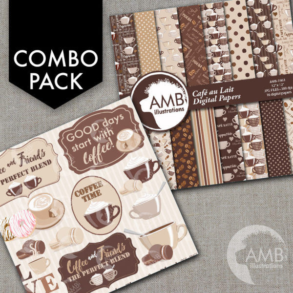 COMBO Coffee clipart, Coffee time clipart, Coffee frame clipart, Cafe au Lait cups, Coffee words, Cafe Digital Papers, AMB-1711
