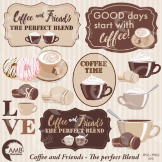COMBO Coffee clipart, Coffee time clipart, Coffee frame clipart, Cafe au Lait cups, Coffee words, Cafe Digital Papers, AMB-1711
