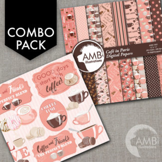 COMBO Coffee clipart, Coffee time clipart, Coffee frame clipart, Coffee pink and brown cups, Coffee words, Cafe Digital Papers, AMB-1710