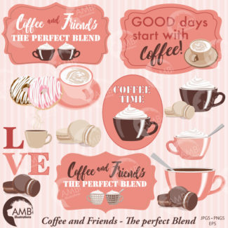 COMBO Coffee clipart, Coffee time clipart, Coffee frame clipart, Coffee pink and brown cups, Coffee words, Cafe Digital Papers, AMB-1710