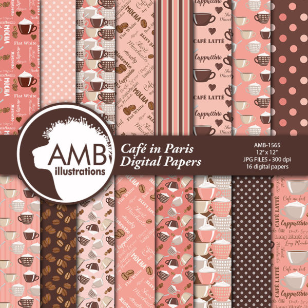 COMBO Coffee clipart, Coffee time clipart, Coffee frame clipart, Coffee pink and brown cups, Coffee words, Cafe Digital Papers, AMB-1710