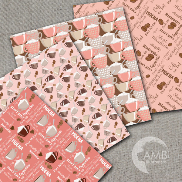 COMBO Coffee clipart, Coffee time clipart, Coffee frame clipart, Coffee pink and brown cups, Coffee words, Cafe Digital Papers, AMB-1710