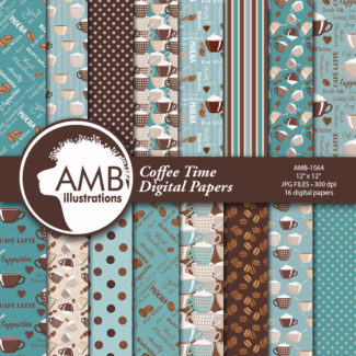 COMBO Coffee clipart, Coffee time clipart, Coffee frame clipart, Coffee teal and brown cups, Coffee words, Cafe Digital Papers, AMB-1709