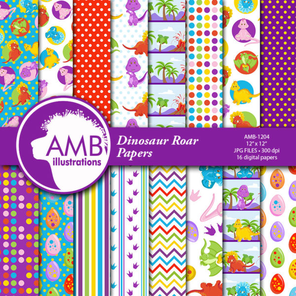 COMBO Dinosaur Clipart And Digital Papers, Baby Dinos, Dinosaur Birthday Party, Party invitations, Commercial Use, AMB-1603