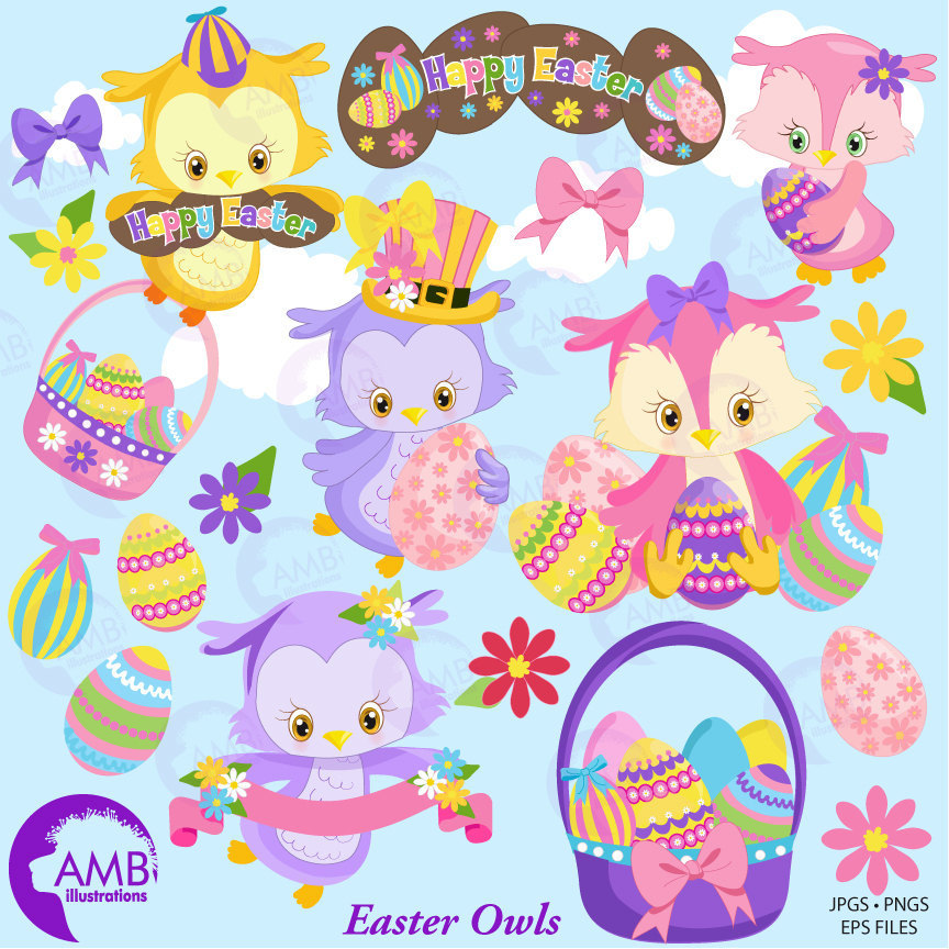 Easter Owls Clipart and Digital Papers Combo Bundle ...