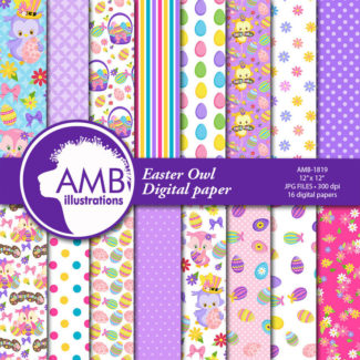 COMBO Easter Owls Clipart and Digital Papers, Baby Owls Clipart, Easter Digital Papers, Baby Animal Papers, Easter Egg Clipart, AMB-1720