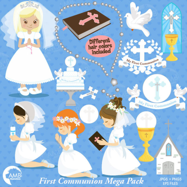 COMBO First Communion Clipart  and Digital Papers Pack, Party invitations, Catholic Rite, Catechism Clipart, Commercial Use, AMB-1651