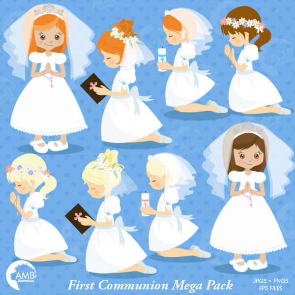 COMBO First Communion Clipart  and Digital Papers Pack, Party invitations, Catholic Rite, Catechism Clipart, Commercial Use, AMB-1651