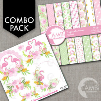 COMBO Flamingo Clipart and Digital Papers, Pastel Floral Flamingo, Shabby Chic Wedding, Bridal Shower, Commercial Use, AMB-1680