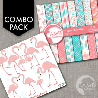 COMBO Tropical Flamingos Clipart and Papers Shabby Chic Wedding, Bridal Shower, Commercial Use, AMB-1681