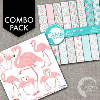 COMBO Flamingo Clipart and Digital Papers, Pink Flamingos, Floral Shabby Chic Wedding, Bridal Shower, Commercial Use, AMB-1682
