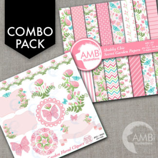 COMBO Floral Clipart and Digital Papers, Pastel Pink Floral Frames, Shabby Chic Wedding, Bridal Shower, Commercial Use, AMB-1668