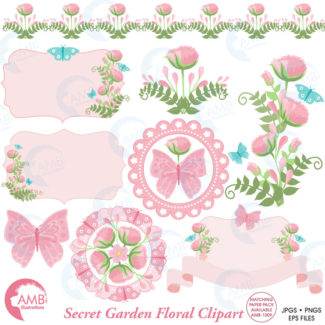 COMBO Floral Clipart and Digital Papers, Pastel Pink Floral Frames, Shabby Chic Wedding, Bridal Shower, Commercial Use, AMB-1668