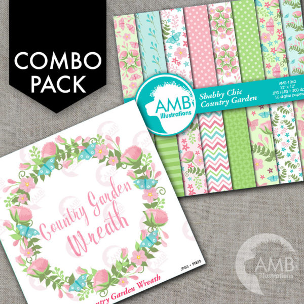 COMBO Floral Clipart and Digital Papers, Pastel Pink Floral Frames, Shabby Chic Wedding, Bridal Shower, Commercial Use, AMB-1669