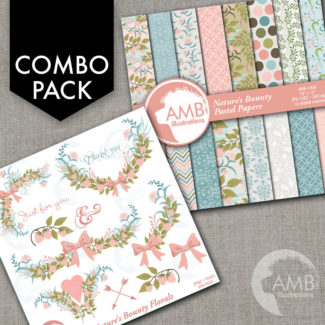 COMBO Floral Clipart and Digital Papers, Pastel Pink Floral Frames, Shabby Chic Wedding, Bridal Shower, Commercial Use, AMB-1671