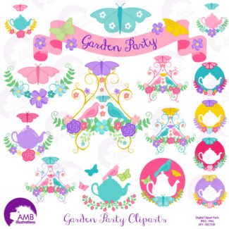 COMBO Garden Party Clipart and Digital Paper Pack, Teapots, Tea Party, High Tea, Floral Teatime Shabby Chic Wedding, AMB-1649
