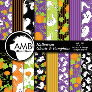 COMBO Halloween Clipart and Digital Papers, Little Ghosts clipart, Halloween Ghosts Party Backgrounds, Commercial Use, AMB-1622
