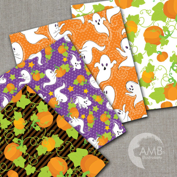 COMBO Halloween Clipart and Digital Papers, Little Ghosts clipart, Halloween Ghosts Party Backgrounds, Commercial Use, AMB-1622