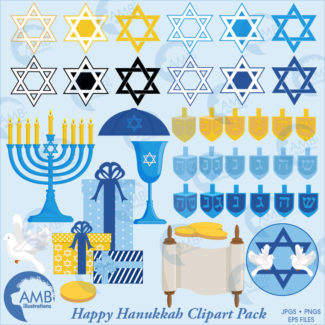 COMBO Hanukkah Clipart and Digital Paper Pack, Hanukkah Dreidel, Menorah Digital Papers, Star of David, Chanukah, AMB-1704
