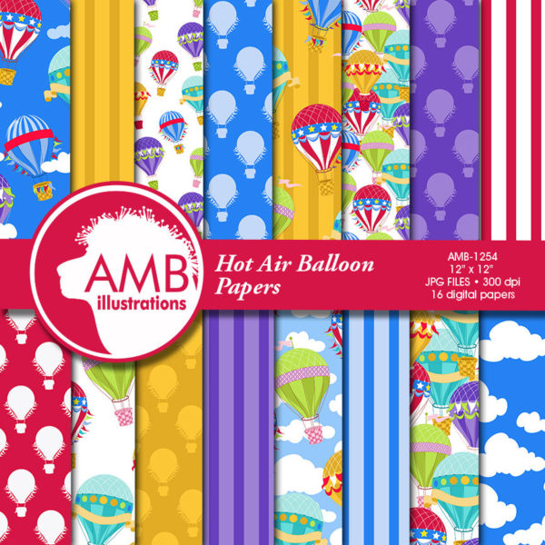 COMBO Hot Air Balloon Digital Papers and Clipart Pack, Birthday Party Clipart, Shabby Chic, Country Wedding, Country Party, AMB-1609