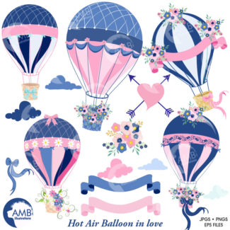 COMBO Indigo Hot Air Balloons Clipart and Papers, Country Wedding, Country Party, AMB-1608