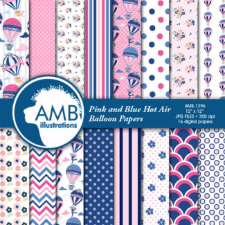 COMBO Indigo Hot Air Balloons Clipart and Papers Shabby Chic, Country Wedding, Country Party, AMB-1608